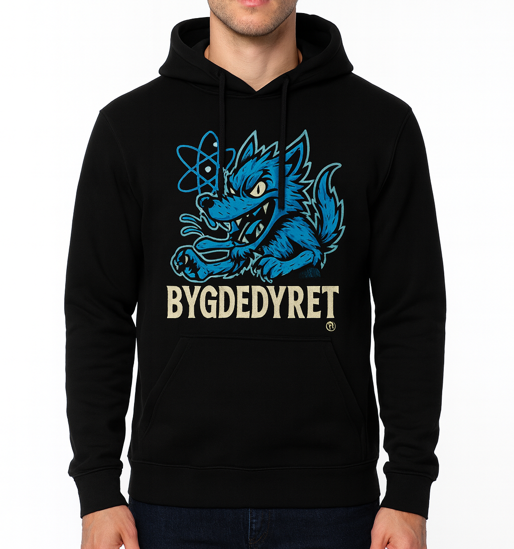 Bygdedyret hettegenser blått motiv